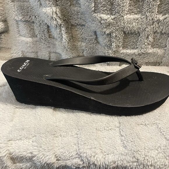 Coach Loralyn Black Wedge Thong Slip On Sandals Flip Flops Rubber Sz US 9B - Picture 4 of 16
